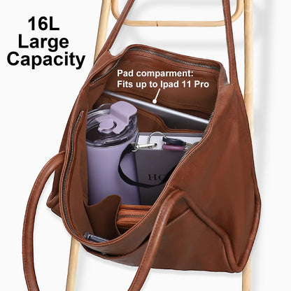 Large Tote Bag for Women Work with Zipper 16L Vegan Leather Ladies Travel Purses and Handbags Brown