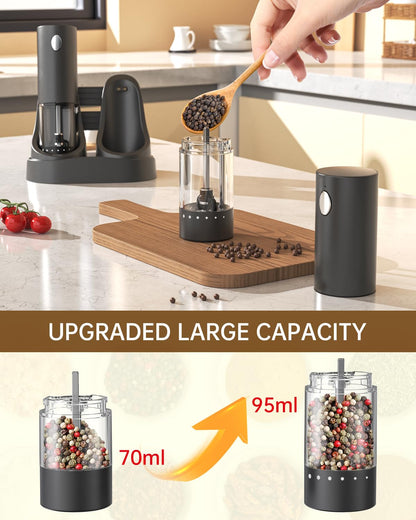 CIRCLE JOY Electric Salt and Pepper Grinder Set Automatic Salt and Pepper Grinder Set with Easy-to-Carry Charging Base and LED Light, USB Rechargeable, Upgrade External Adjustable Coarseness