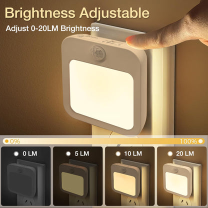 Dimmable Night Light Plug-in, Motion Sensor Plug in to Wall Night Light 3000K 2 Pack with On Off Auto Switch Adjustable Brightness for Hallway Bedroom Kids Room