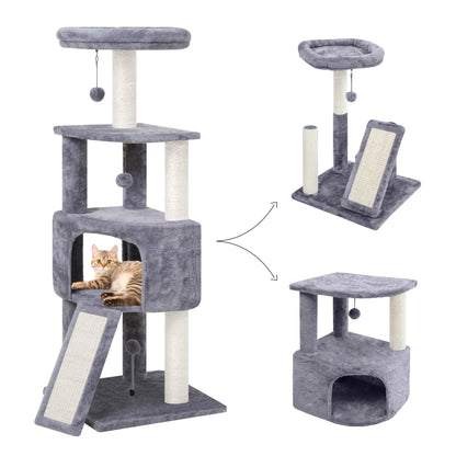 HUITREE 45in Cat Tree Tower with Big Condo for Indoor Kitten,Cat Tower with Scratching Post,Scratching Board and Cat Toys,Multi-Level,Small Space,Transformer Cat Tree, Grey(New)
