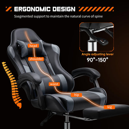 Elevon Ergonomic Video Game Computer Chairs with Footrest & Comfortable Lumbar Support,Height Adjustable Reclining Chair in PU Leather with Headrest and Fixed Armrests, 360° Swivel, Black&Grey