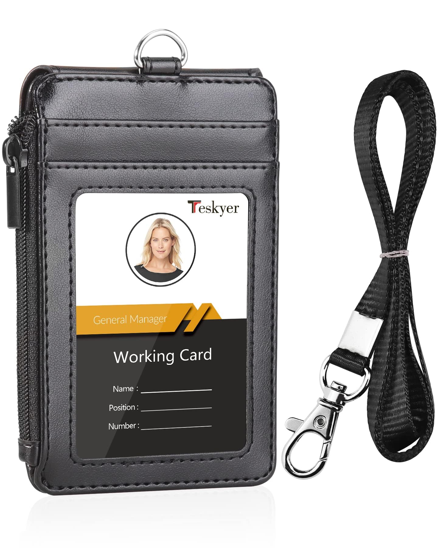 Teskyer ID Badge Holder with Lanyard, 1 Zip Pocket and 4 Card Slots, Lanyard ID Card Holder Wallet for Office School Work Badges, Cruise Ship Cards, Hotel Key Cards, Pass Cards - Black