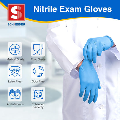 Schneider Nitrile Exam Gloves - L, 100-ct Box,Blue Disposable Gloves, Latex Free, Powder Free, Medical Glove for Cooking, Cleaning, Examination