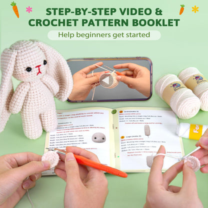 Crochetta Crochet Kit for Beginners, Crochet Starter Kit w Step-by-Step Video Tutorials, Beginner Crochet Kit Knitting Supplies for Adults Kids, Crochet Bunny(40%+ Yarn)