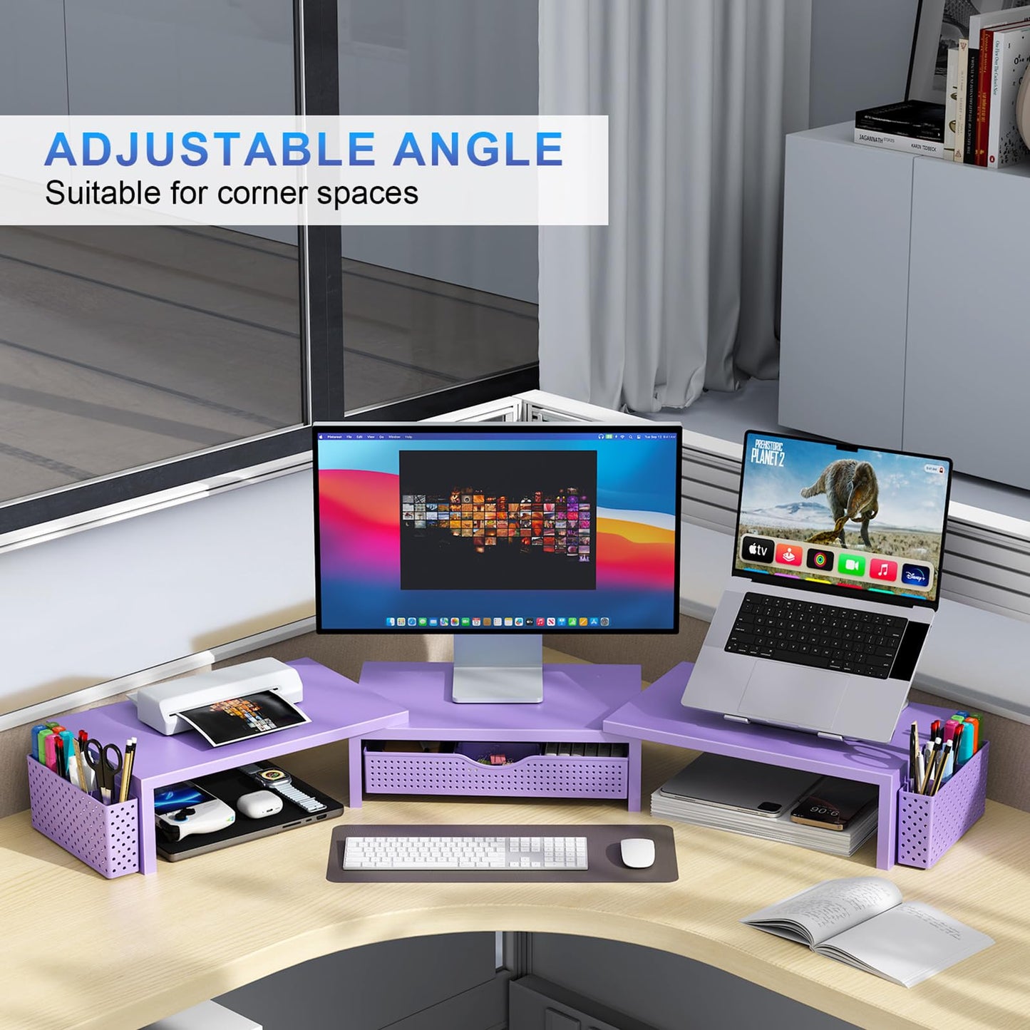 gianotter Dual Monitor Stand Riser, Desk Organizer With Drawer and 2 Pen Holders, Desk Organizers and Accessories, Purple Office Decor (Purple)