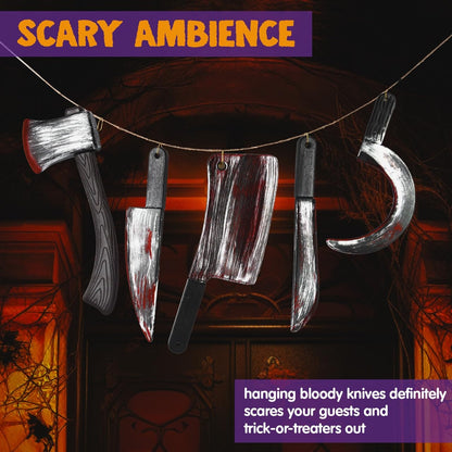 JOYIN 5 Pcs Hanging Halloween Bloody Knife Decorations Indoor, Fake Knife Prop Plastic Fake Knives Weapon Prop, Party Decor Haunted House Fake Blood, Machete Axe Cleaver Sickle for Scary Yard Porch