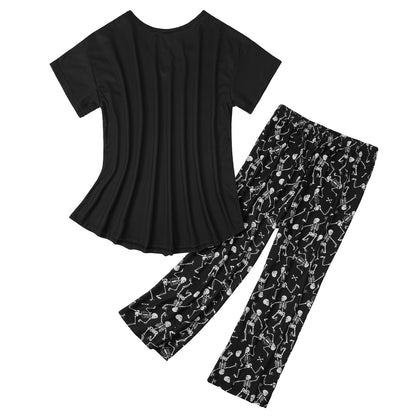 Halloween Pajamas for Women Set Goth Pajama Skull Lounge Set Black White Pj Sets Gothic Skeleton Sleepwear Tops with Capri Pants Halloween Skeleton 2XL