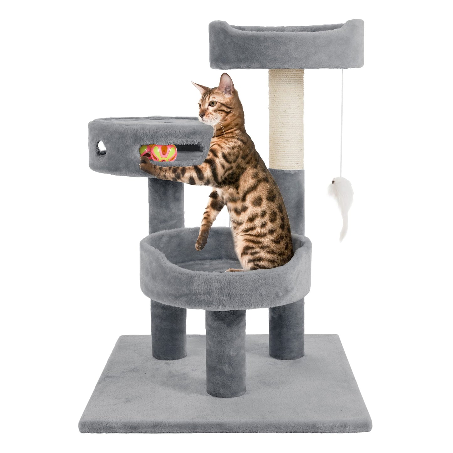 3-Tier Cat Tower with Sisal Rope Scratching Post, 2 Carpeted Napping Perches, Hanging Mouse, and Interactive Toy for Indoor Cat Use by PETMAKER (Gray)