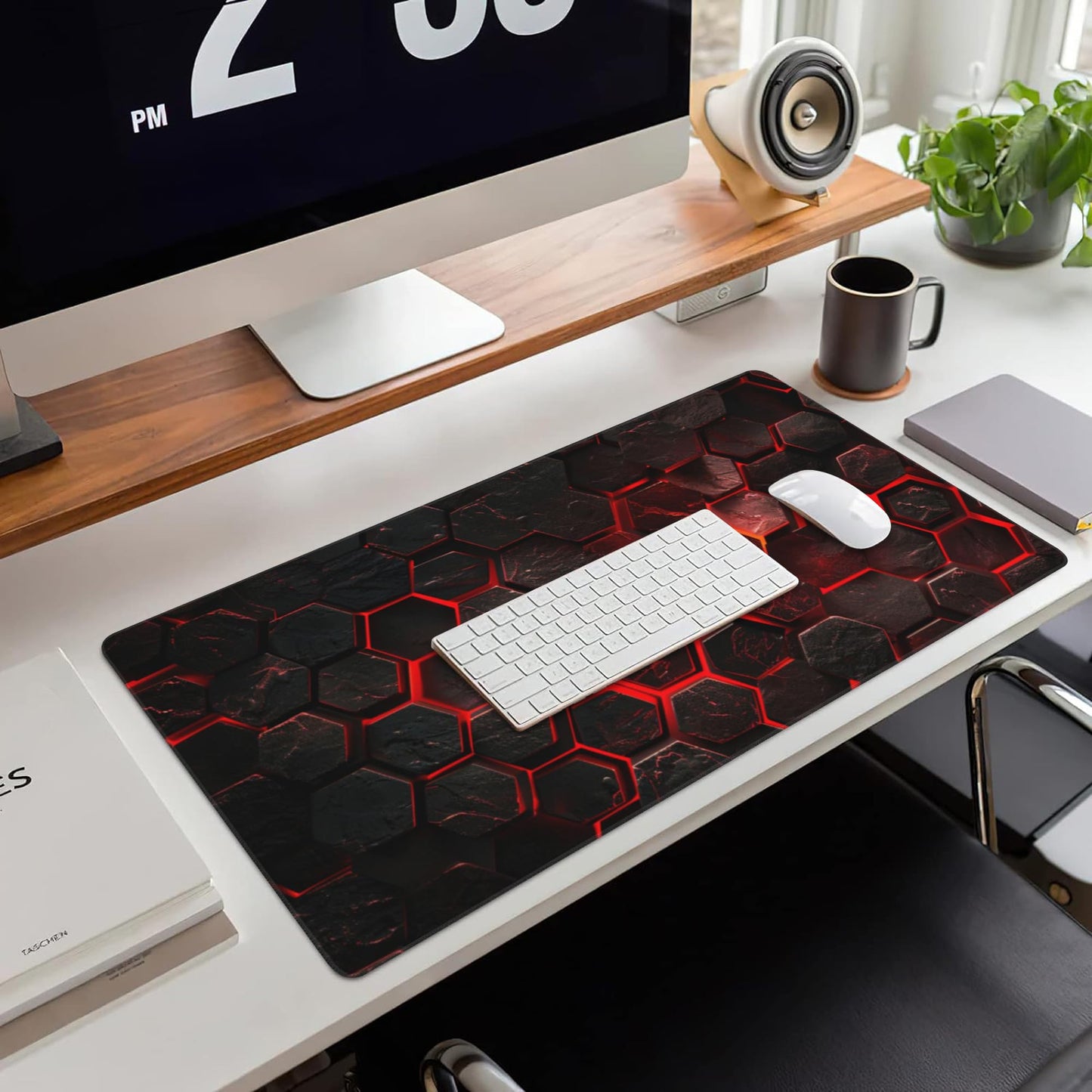 Large Gaming Mouse Pad for Desk,Red Honeycomb Science Technology Desk Mat,Honeycomb Hexagon Desk Pad,Extended Big Computer Keyboard Mouse Pad with Non-Slip Base Stitched Edges 35.4"x15.7"