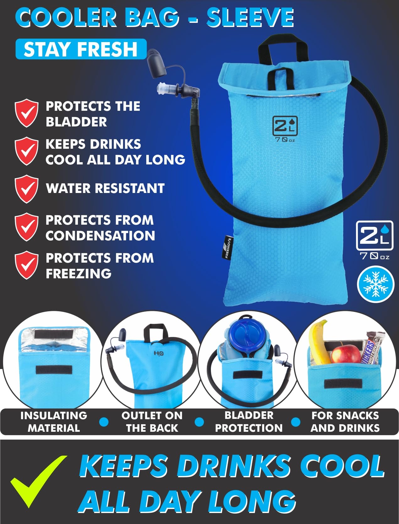 2L Hydration Bladder & Cooler Bag > Keeps Drink Cool & Protects Bladders > Leak Proof Camel Water Pack for Backpack > Tasteless & BPA Free TPU Material, Quick Release Insulated Tube with On/Off Valve