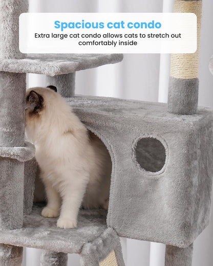 Hey-brother Cat Tree, 53 inch Cat Tower for Indoor Cats, Cat House with Padded Platform Bed, Toy Balls, Large Cozy Condo, Hammocks and Sisal Scratching Posts, Light Gray MPJ019-SW