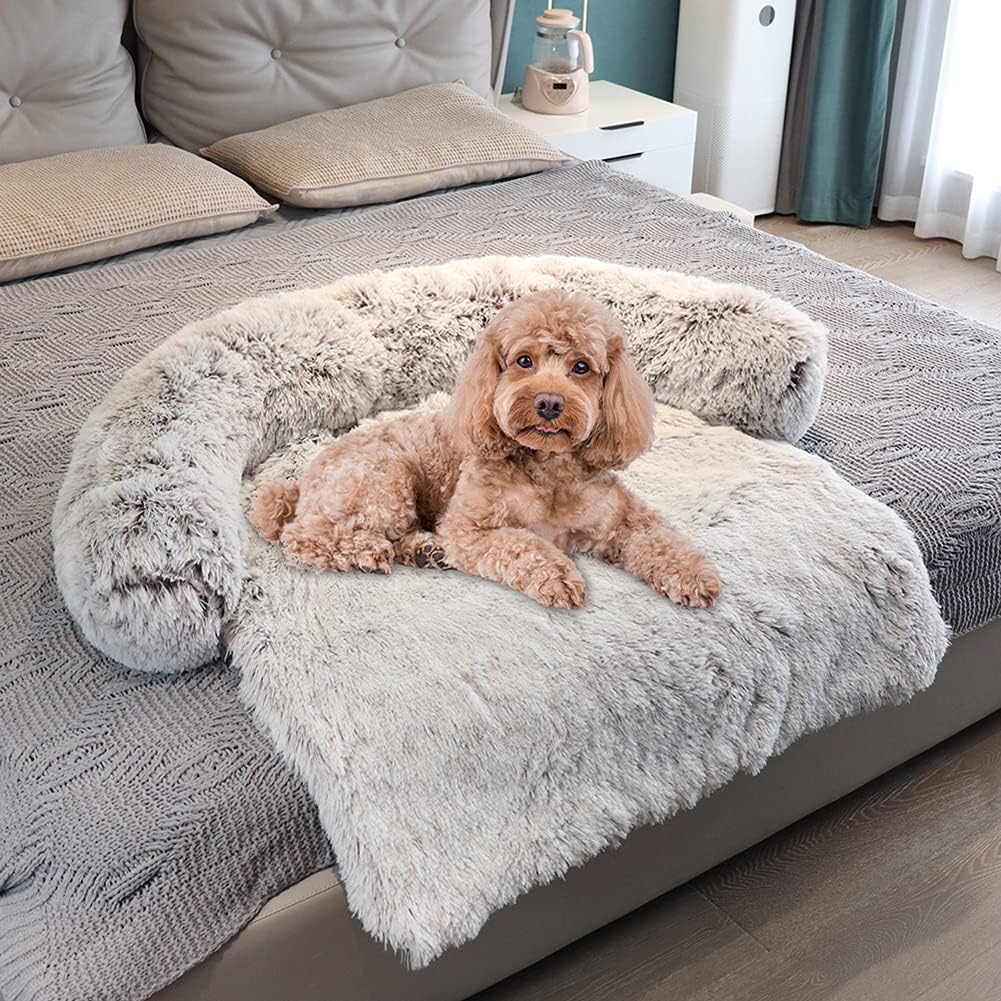Dekeyoo Waterproof Calming Dog Bed, Pet Couch Protector Plush Dog Mat Dog Sofa, Pet Furniture Cover with Soft Neck Bolster, Machine Washable Silver Gray Large