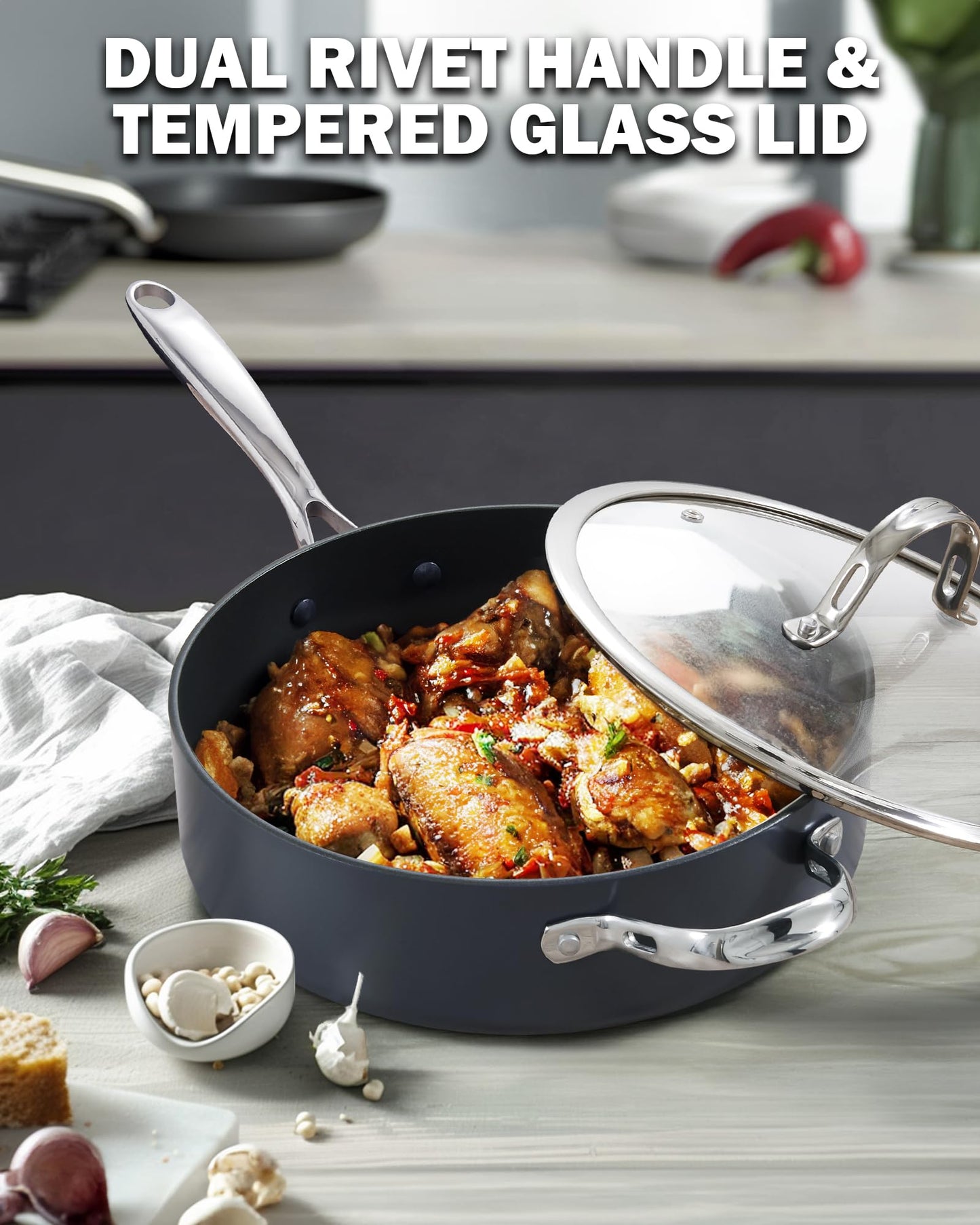 Cooks Standard 4-QT Nonstick Deep Sauté Pan with Lid, 10.5-inch Deep Frying Pan Hard Anodized Ceramic Nonstick Induction Cookware, Oven Safe Large Skillet Jumbo Cooker Sartén, Helper Handle, Black