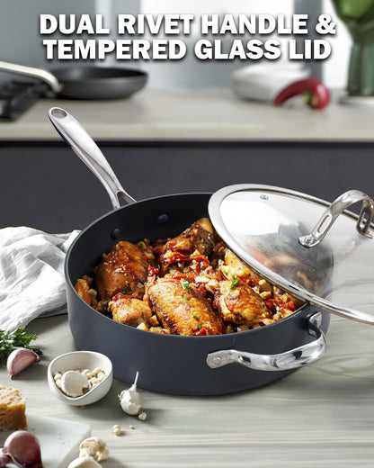 Cooks Standard 4-QT Nonstick Deep Sauté Pan with Lid, 10.5-inch Deep Frying Pan Hard Anodized Ceramic Nonstick Induction Cookware, Oven Safe Large Skillet Jumbo Cooker Sartén, Helper Handle, Black