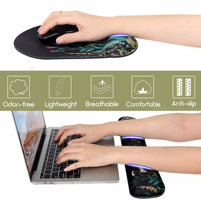 Ergonomic Mouse Pad with Wrist Rest and Keyboard Wrist Rest, Memory Foam Wrist Rest for Computer Keyboard, Easy Typing, Pain Relief, Mouse Pad Wrist Support for Gaming,Office, Laptop, Black Flower