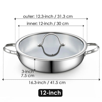 Cooks Standard Multi-Ply Clad Stainless Steel Wok Stir Fry Pan with Glass Lid, 12-inch large Stainless Steel Deep Frying Pan, Everyday Chef's Pan Flat Bottom Wok Induction Cookware