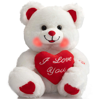 HollyHOME Teddy Bear with Heart Plush Bear That Says I Love You and Blushes LED Stuffed Toys for Girlfriend and Kids Toy Gift 13 inch White