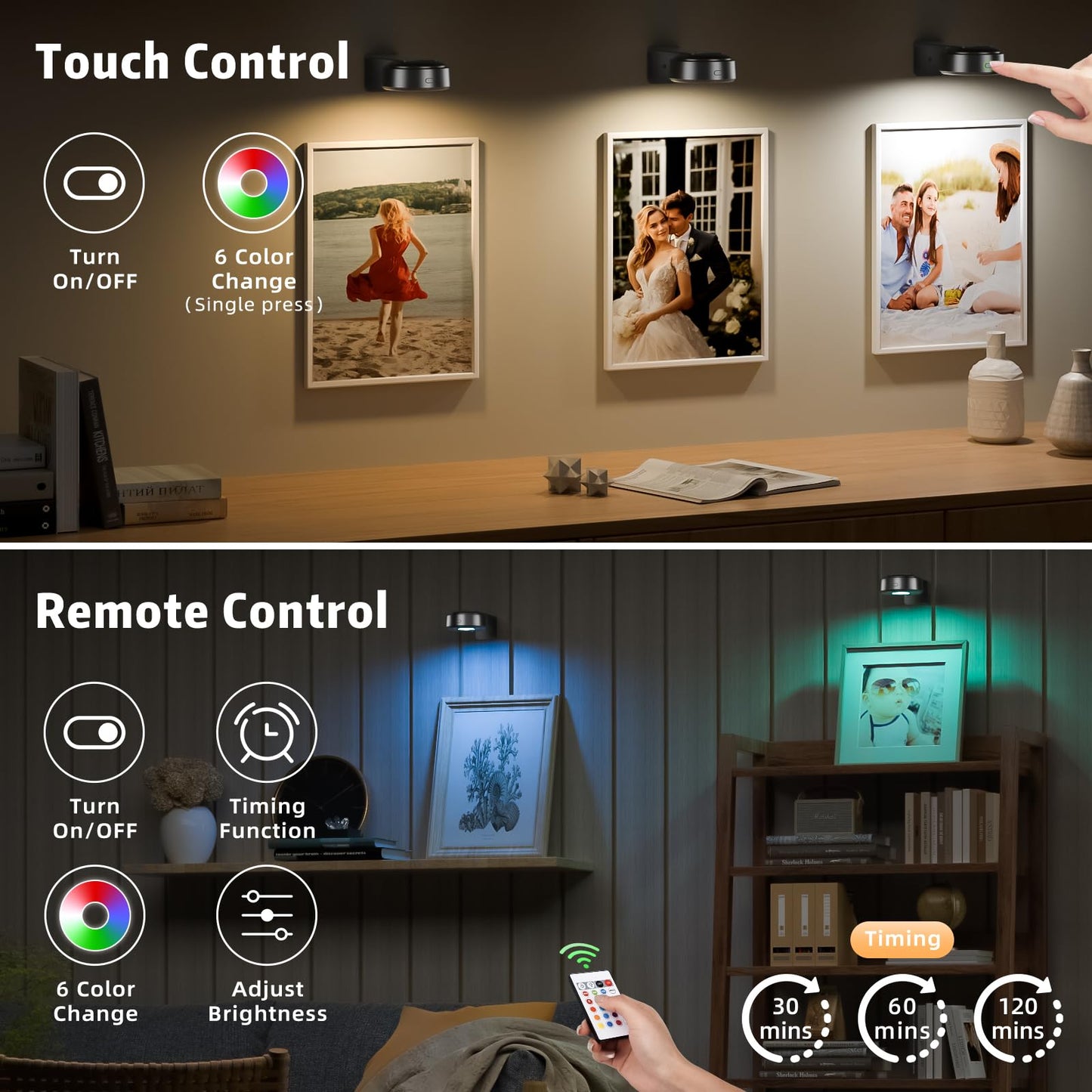 3PCS Picture Lights with Remote, Rechargeable Battery Magnetic Poster Lights with 3 Color Temps&12 RGB, Dimmable and Timer Metal Art Light for Display, Wall, Artwork, Gallery (Black)