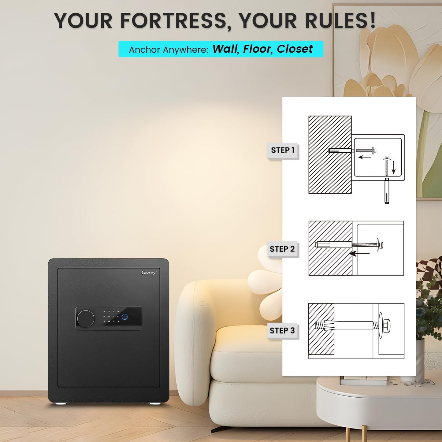 Kavey 2.0 Cub Biometric Safe Box, Fingerprint Safe with Backlit Touch Screen Keypad and Dual Alarm System, Steel Security Lock Box With Mute Function and LED Light, 12.59"D x 14.96"W x 17.72"H