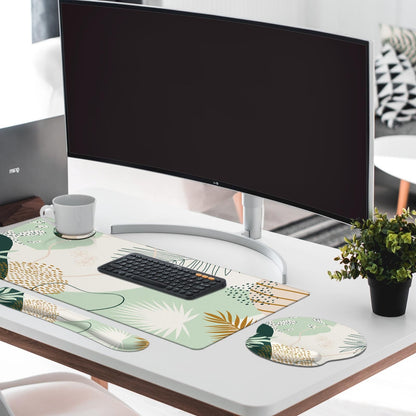 Britimes Keyboard Mouse Pad Set 4in1 Large Mousepad+Keyboard Wrist Rest+Mouse Wrist Rest+Coaster Set with Ergonomic Design for Home Office Computer 35.4x15.7Inches (Green Boho Leaves)
