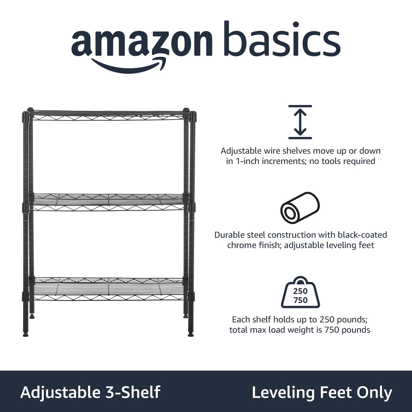Amazon Basics 3-Shelf Adjustable Heavy Duty Steel Wire Rack Storage Shelving Organizer for Kitchen, Garage, 23.2" L x 13.4" W x 30" H, Black