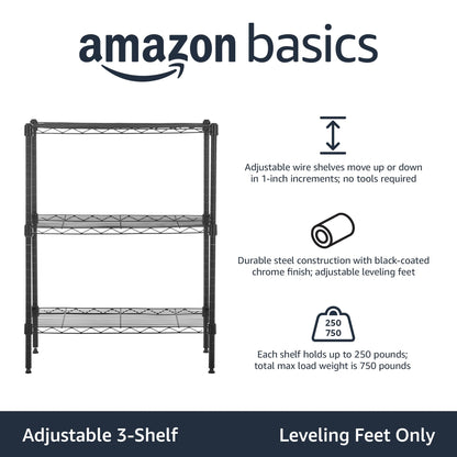 Amazon Basics 3-Shelf Adjustable Heavy Duty Steel Wire Rack Storage Shelving Organizer for Kitchen, Garage, 23.2" L x 13.4" W x 30" H, Black