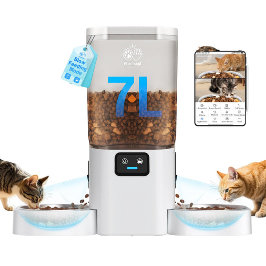 Frienhund Automatic Cat Feeder with Two HD Camera for 2 Cats: 7L Large Automatic Dog Feeder with Night Vision, 5G WiFi Auto Cat Food Dispenser for Multiple Pet, Detachable for Easy Cleaning - 29 Cup