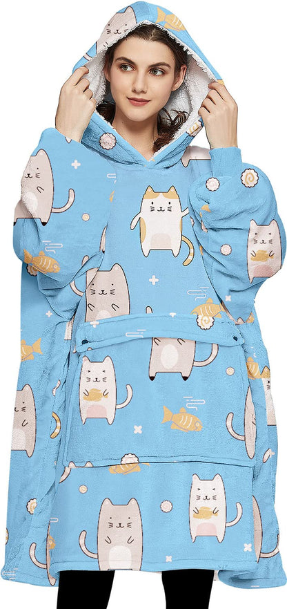 KFUBUO Wearable Blanket Hoodie for Adults Sherpa All Patterns Blue Cat Oversized Sweatshirt Blanket with Pockets Cute Gifts for Women