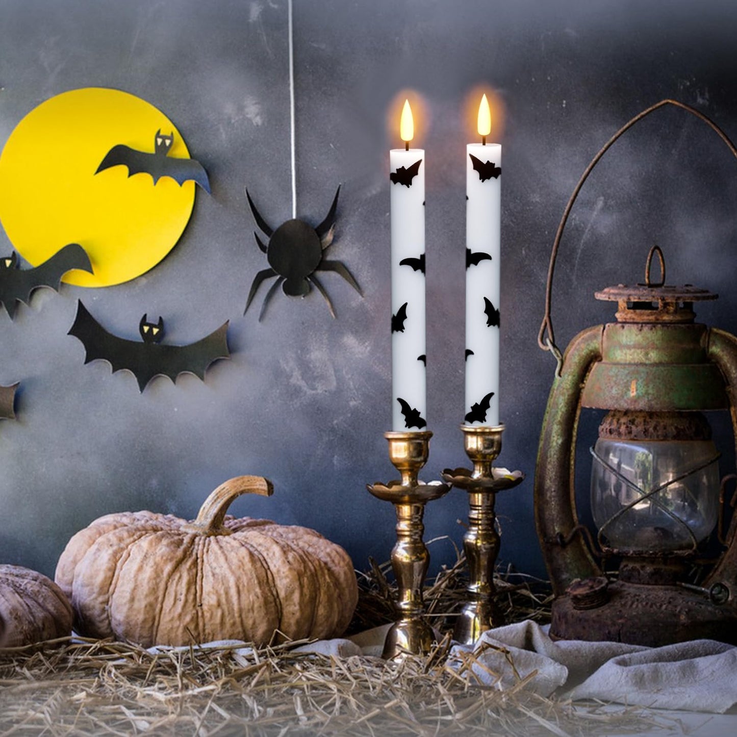 Lasumora Halloween Flameless Taper Candles with Remote Timer, 4 Pack LED Flickering Candlestick, 9.65 Inch Battery Operated Real Wax Candles with Bat Prints for Halloween Decorations