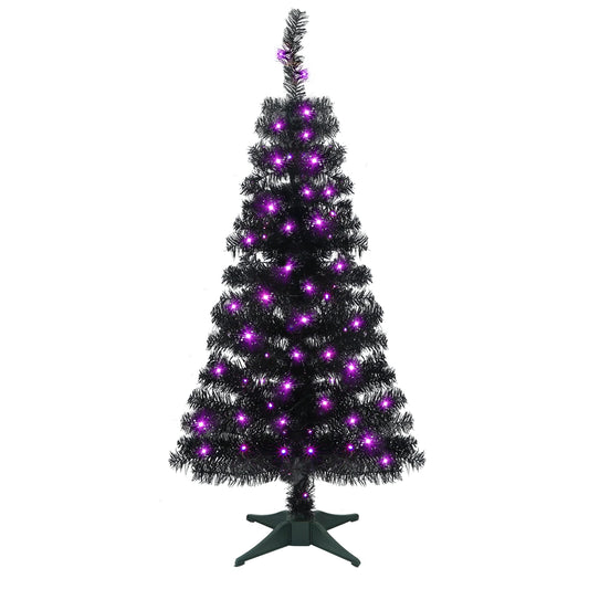 Juegoal Lighted Artificial Halloween Black Christmas Tree, 4FT Black Tinsel Pine Tree with 70 LED Purple Lights, 8 Modes & Timer for Home Party Decorations