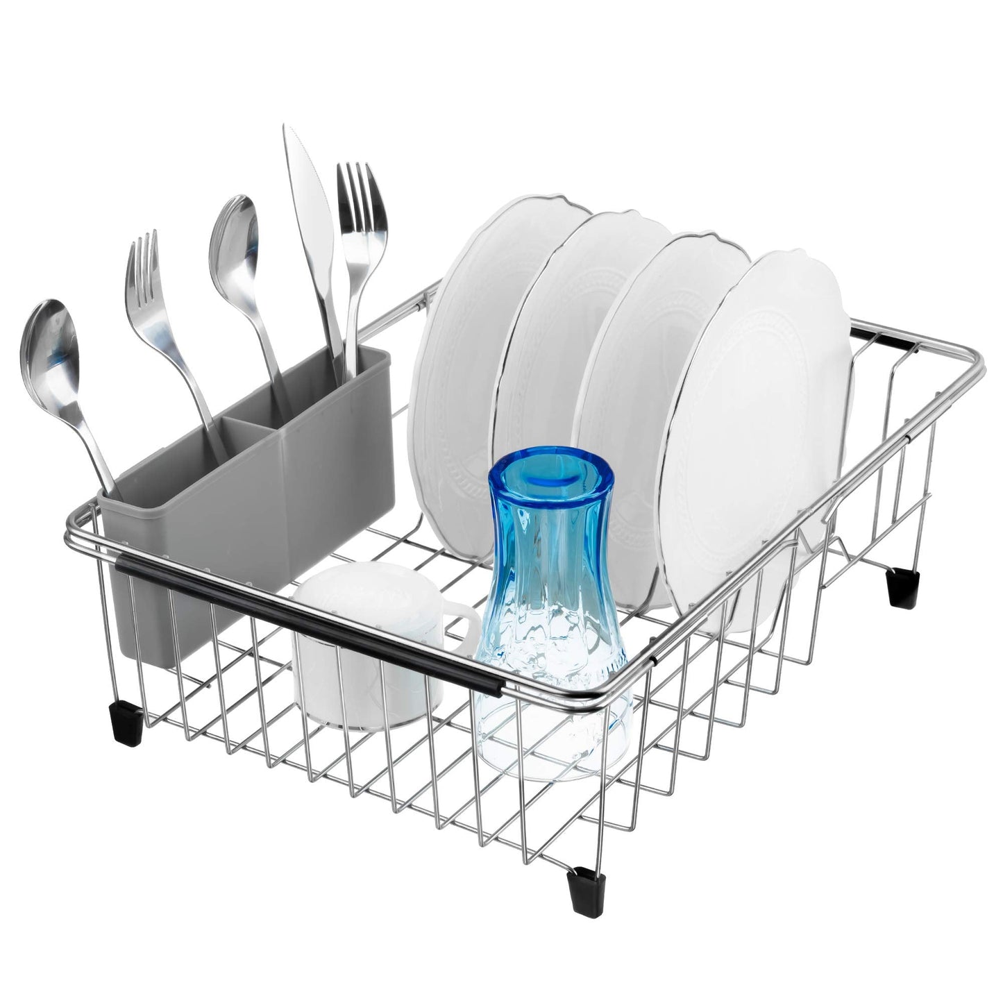iPEGTOP Expandable Deep & Large Dish Drying Rack, Over The Sink, in Sink Or On Counter Dish Drainer Basket Shelf with Removable Grey Utensil Silverware Holder, Rustproof Stainless Steel