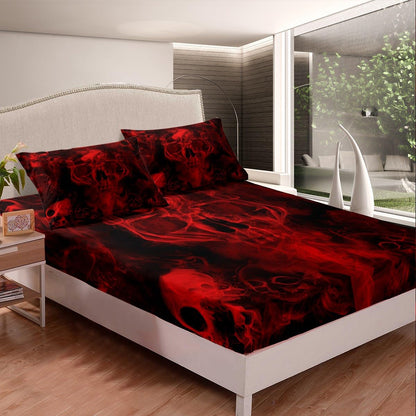 Gothic Skull Bed Sheets Red and Black Skeleton Sheet Set Full For Boys Teens Men Women,Psychedelic Goth Skull Bedding Set Trippy Smoke Halloween Fitted Sheet + Horror Flat Sheet + 2 Pillow Cases