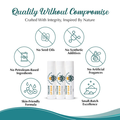 Dr. Dave's Primal Essence Moisturizing Tallow Lip Balm - Grass-Fed Beef Tallow with Organic Coconut Oil, Beeswax and Vitamin E - Sweet Orange, 3-Pack