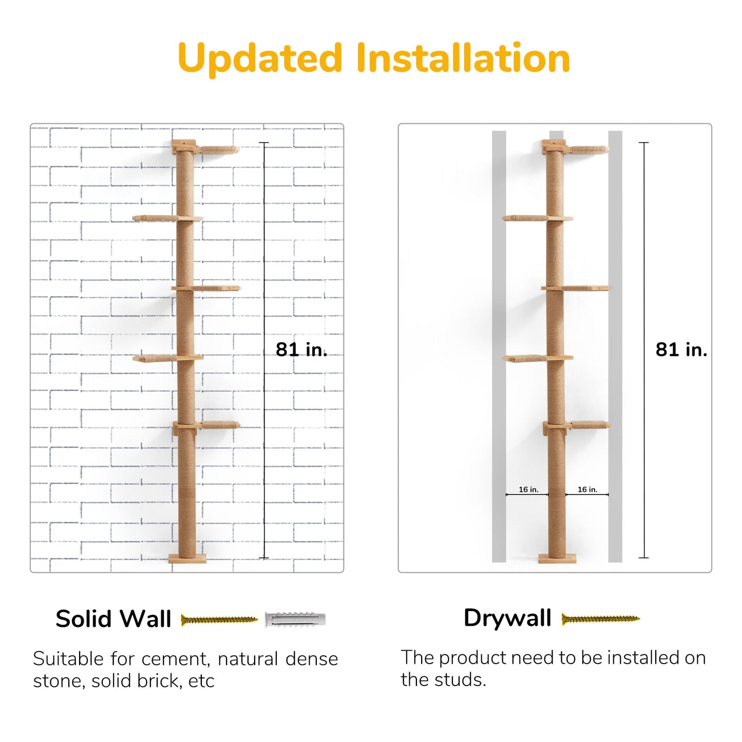 FUKUMARU Tall Cat Tree, 5 Tier Floor to Ceiling Cats Tower, Wall-Mounted Kitten Scratching Post, Wild Simulation Kittens Wall Shelves, Suitable for Climb, Scratch, Lookout and Play