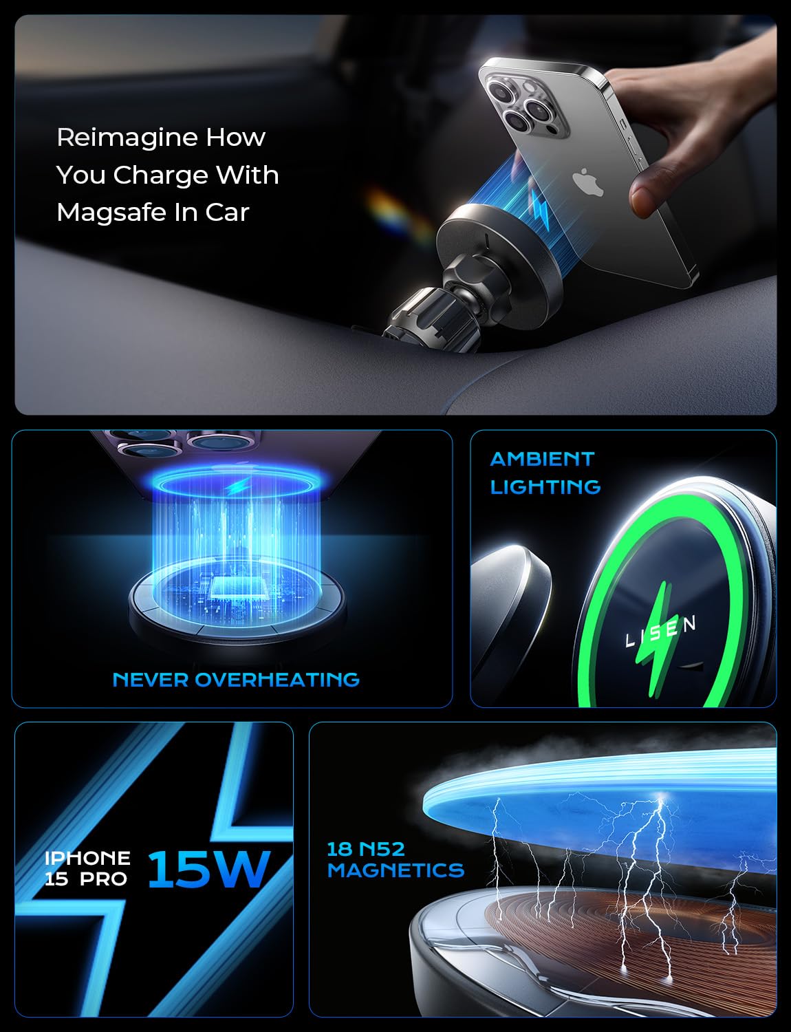 LISEN for 15W MagSafe Car Mount Charger,Magnetic Wireless Car Charger for iPhone 16 Pro Max Accessories,Magnetic Phone Holder for iPhone 16e 15 14 13 12,Samsung with MagSafe,Gifts for Men Women