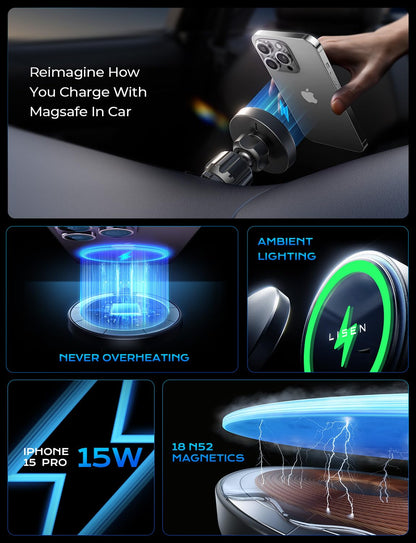 LISEN for 15W MagSafe Car Mount Charger,Magnetic Wireless Car Charger for iPhone 16 Pro Max Accessories,Magnetic Phone Holder for iPhone 16e 15 14 13 12,Samsung with MagSafe,Gifts for Men Women