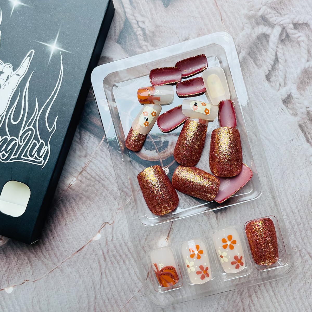 24Pcs Halloween Press on Nails Medium Square Cute Ghost Fake Nails with Flower Pumpkin Designs Glue on Nails Fall Glitter Halloween Nails Full Cover Artificial False Nails for Women Decoration 24Pcs