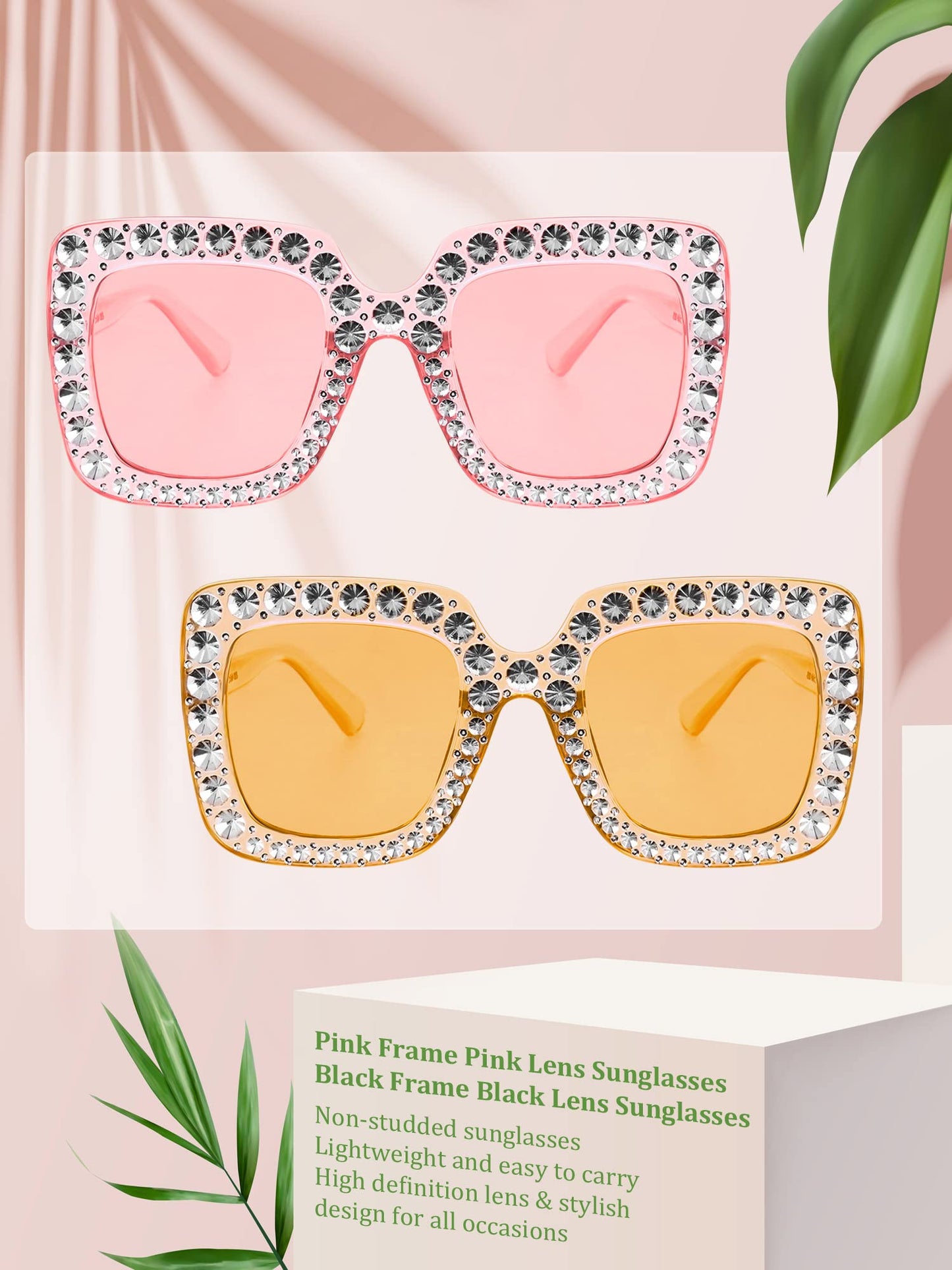 Frienda 2 Pieces Oversize Square Sparkling Sunglasses Retro Thick Frame Sunglasses for Women(Clear Pink, Clear Tawny)