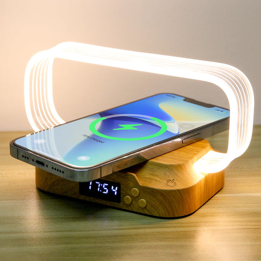 Hiwoor Bedside Table Lamp with 15w Wireless Charger, Touch Control LED Table Lamp with Clock and Phone Stands, Reading lamp 3 Modes and Stepless Dimming for Night lamp for Kids and Adults