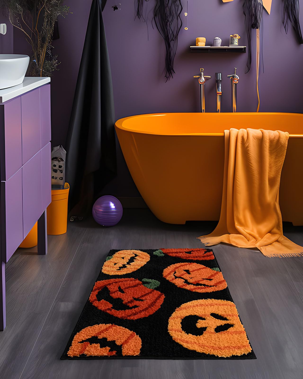 DEXDE Fall Halloween Bathroom Rugs Fun Pumpkins Bath Mat for Autumn Harvest Thanksgiving Home Decor, Soft Non-Slip Carpet for Hallway Bedroom Bathroom Kitchen Entryway, Orange Yellow 20x32