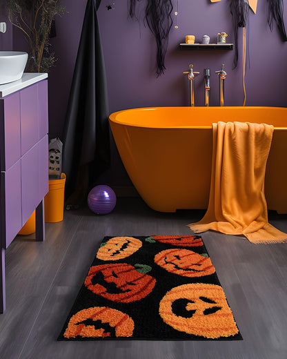 DEXDE Fall Halloween Bathroom Rugs Fun Pumpkins Bath Mat for Autumn Harvest Thanksgiving Home Decor, Soft Non-Slip Carpet for Hallway Bedroom Bathroom Kitchen Entryway, Orange Yellow 20x32