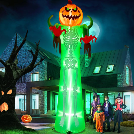 Kalolary 12FT Halloween Inflatable with LED Light, Giant Pumpkin Halloween Outdoor Decoration Scary Pumpkin Skeleton Blow up Inflatable for Home Family Party Halloween Holiday Yard Lawn Indoor Decor