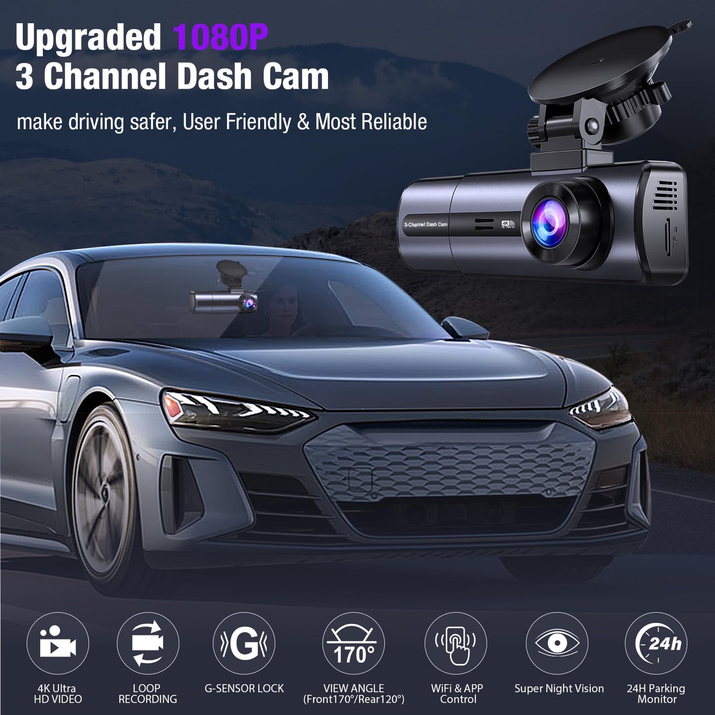 3 Channel 4K Dash Cam with 5GHz WiFi & APP Control, 4K/2.5K+1080P+1080P Front Inside and Rear, Triple Dash Camera with 64GB Card, G-Sensor, 24 Hours Parking Mode, Loop Recording, Night Vision