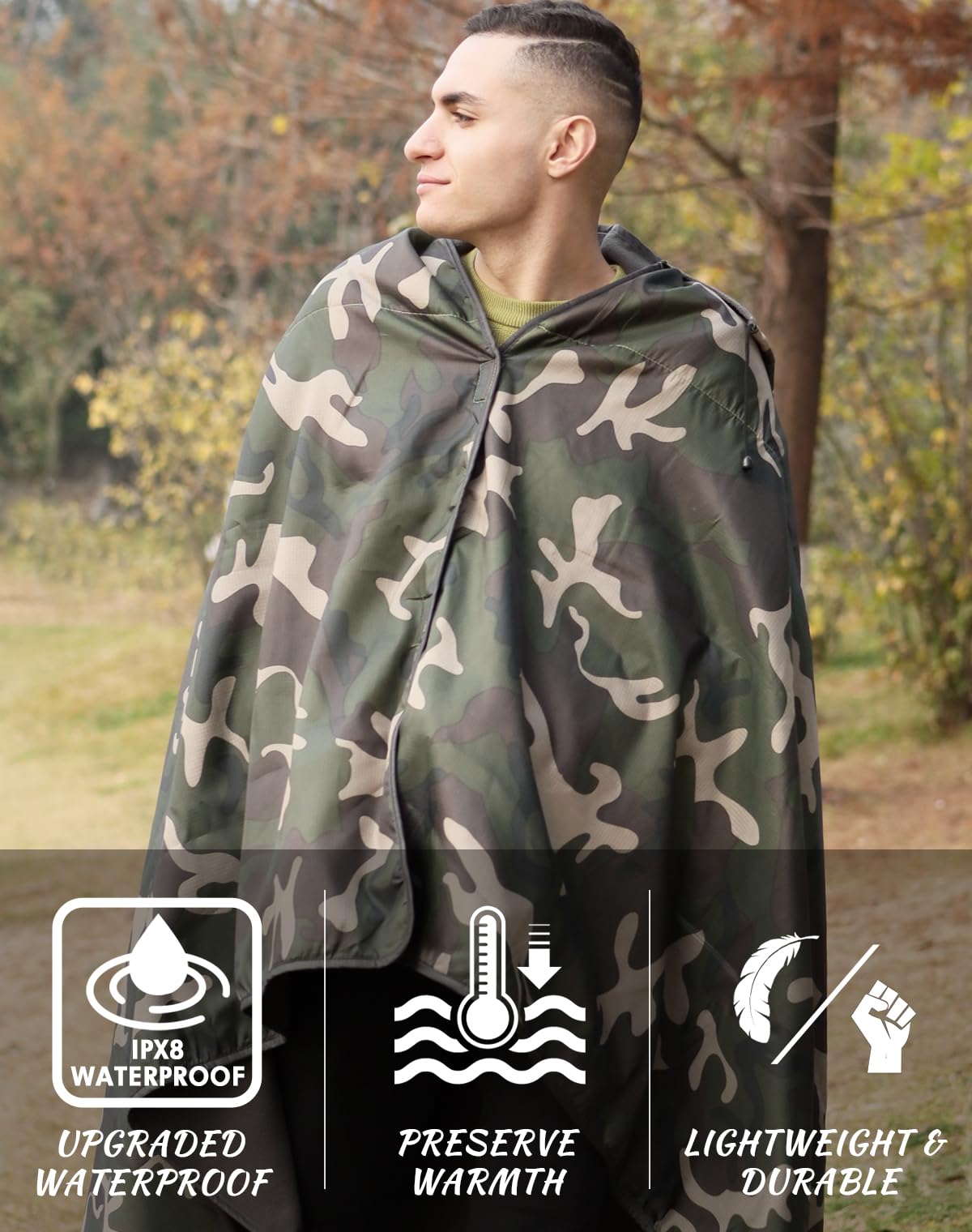DUKUSEEK Hooded Stadium Blanket, Camouflage Waterproof Windproof Outdoor Fleece Blanket - Large (79x56), Portable, Wearable, Warm for Outdoor Hunting, Sporting Events…