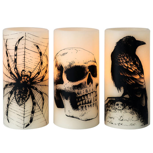 Eldnacele Halloween LED Flameless Flickering Candles Battery Operated with 6H Timer Skull Spider Web Crow Raven Spooky Decals Halloween Themed Indoor Decoration(3 Pack, D3 x H6)