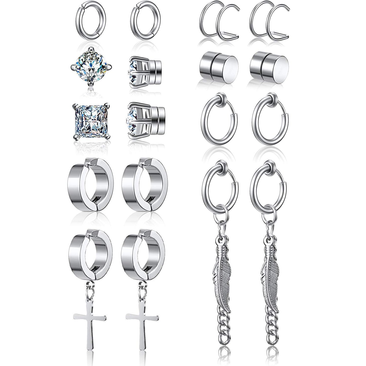 Hicarer 9 Pairs Magnetic Stud Earrings Non Pierced Silver Stainless Steel Feather Dangle Earrings for Women and Men, stainless steel, cubic zirconia