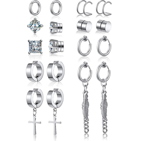 Hicarer 9 Pairs Magnetic Stud Earrings Non Pierced Silver Stainless Steel Feather Dangle Earrings for Women and Men, stainless steel, cubic zirconia