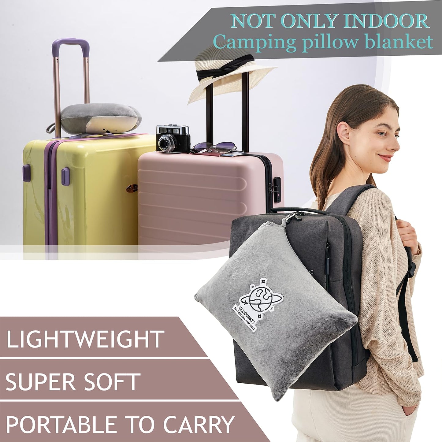 Commollis 2-in-1 Travel Blanket & Pillow for Airplane, Car, Train - Warm Compact Flight Blanket with Luggage Strap & Backpack Clip, Machine Washable, All-Season Use