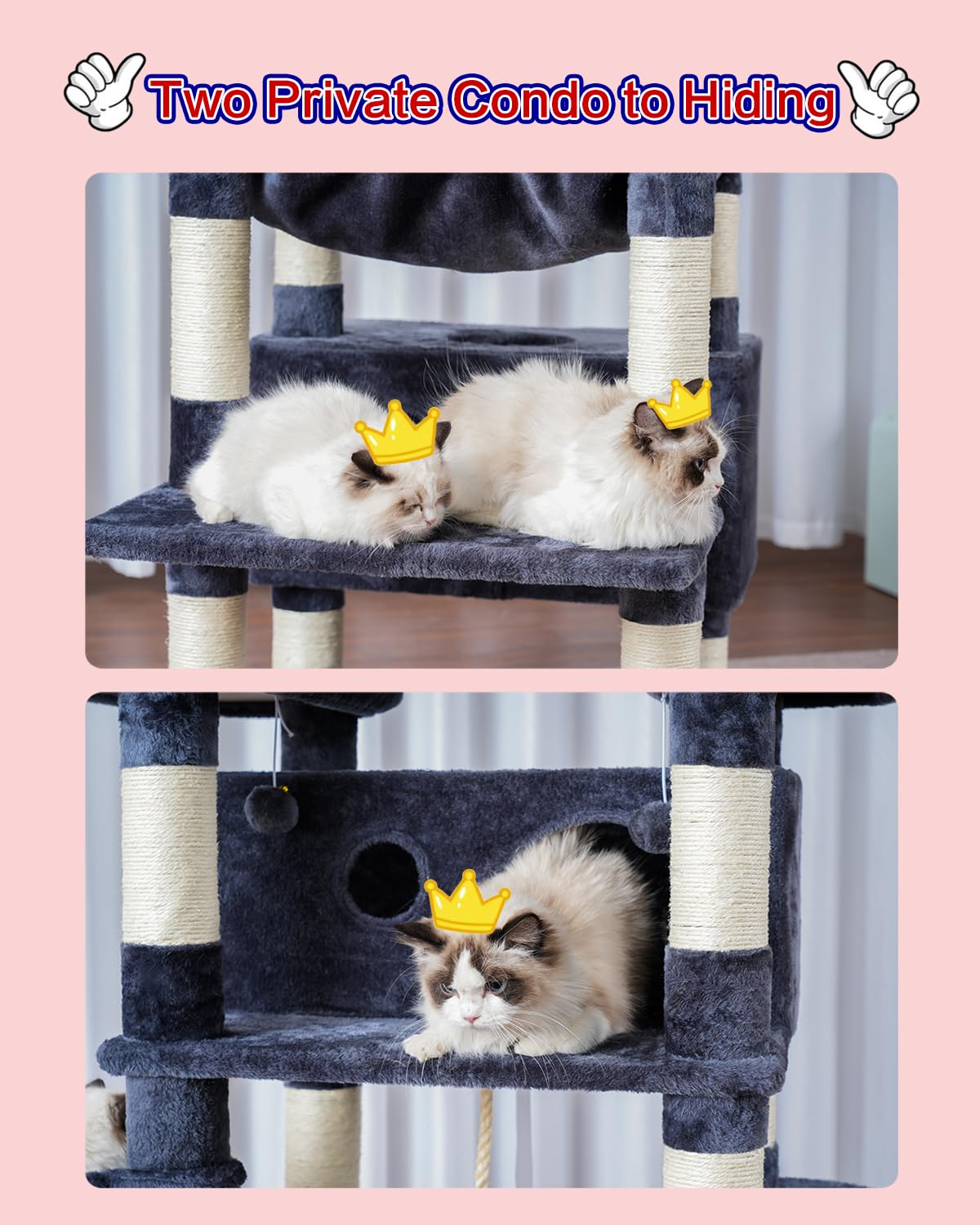 Gitelsnour Cat Tree for Indoor Cats Large Adult, 74" Cat Tower with 3 Big Platforms, 2 Baskets, 2 Condos, Multi-Level Cat Scratching Posts, Smoky Gray GCT030G