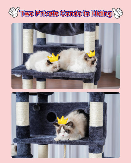 Gitelsnour Cat Tree for Indoor Cats Large Adult, 74" Cat Tower with 3 Big Platforms, 2 Baskets, 2 Condos, Multi-Level Cat Scratching Posts, Smoky Gray GCT030G